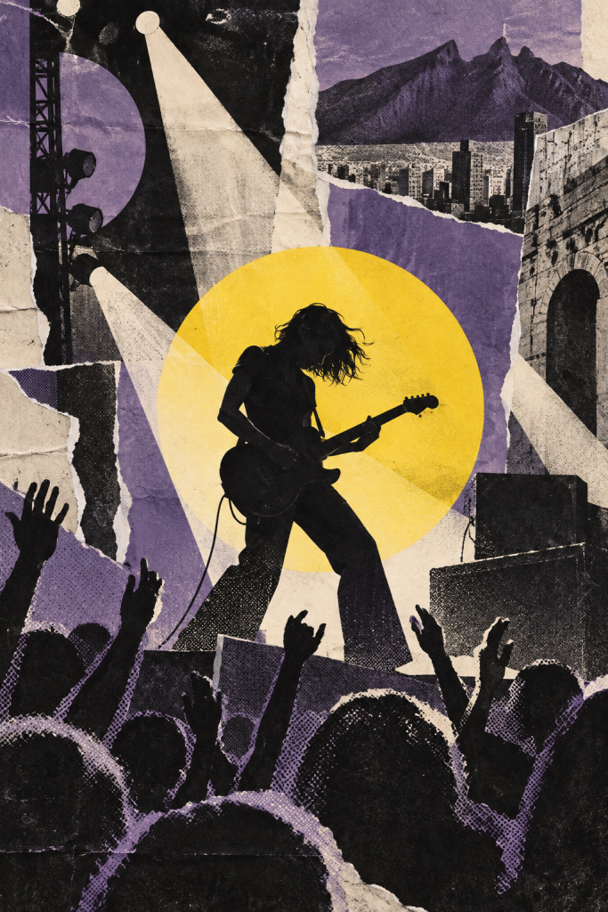 Collage editorial de música y ciudad con acentos violetas y amarillos