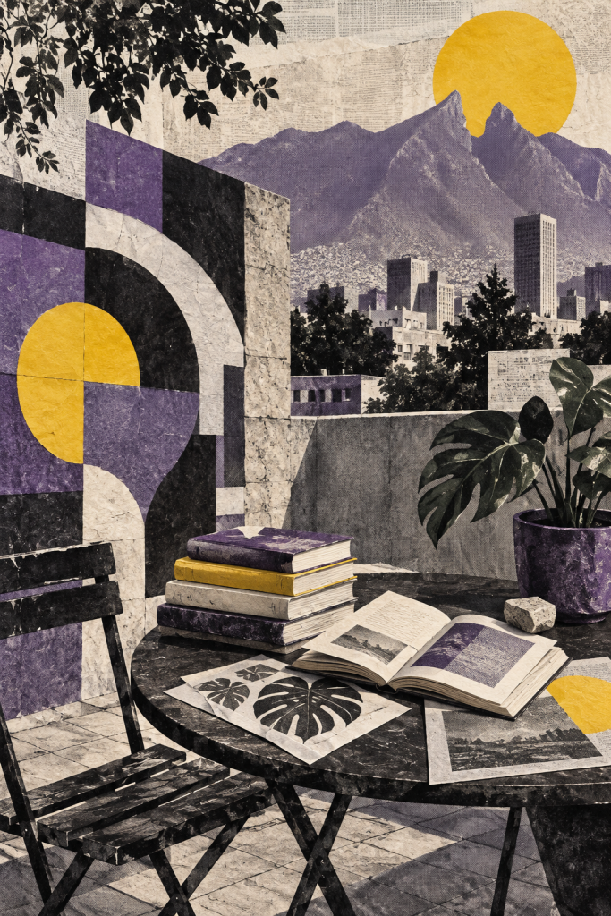 Collage editorial de libros y ciudad de Monterrey