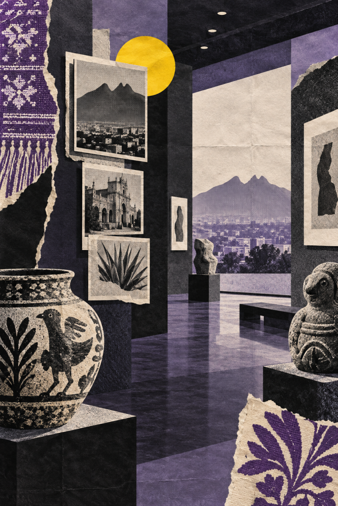 Collage editorial de objetos, archivos y montaña en tonos violetas
